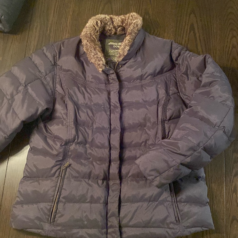 Eddie Bauer Black Puffer Down Jacket w/ Faux Fur Collar Women’s XL